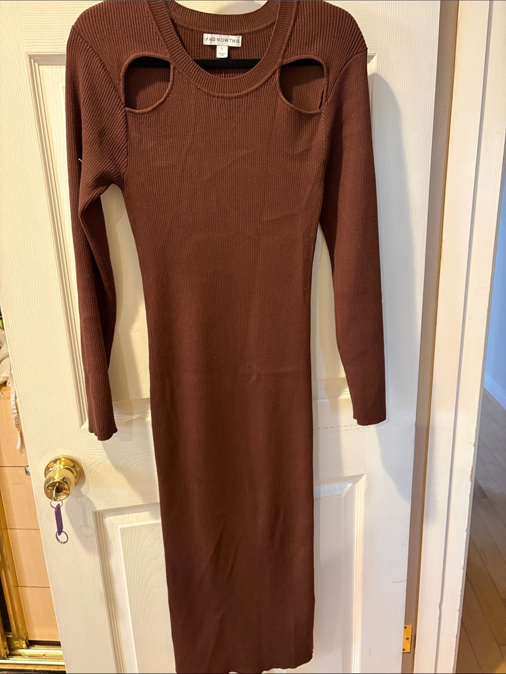 Nooworks Brown Long-Sleeve Ribbed Cutout Midi Dress